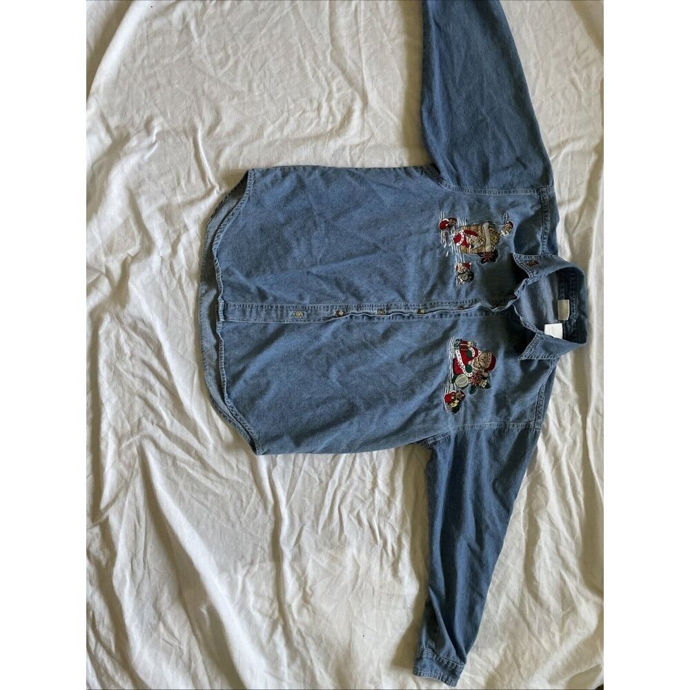 Vintage Bobbie Brooks Ladies Denim Button-Up Christmas Shirt W/ Embroidered Bear